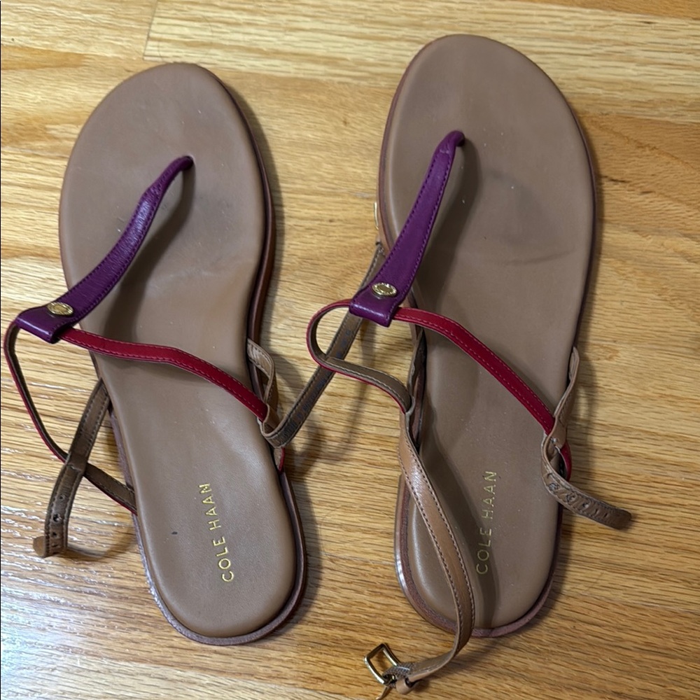 Cole Haan Tan Leather T‑Strap Sandals with Purple and Red Straps